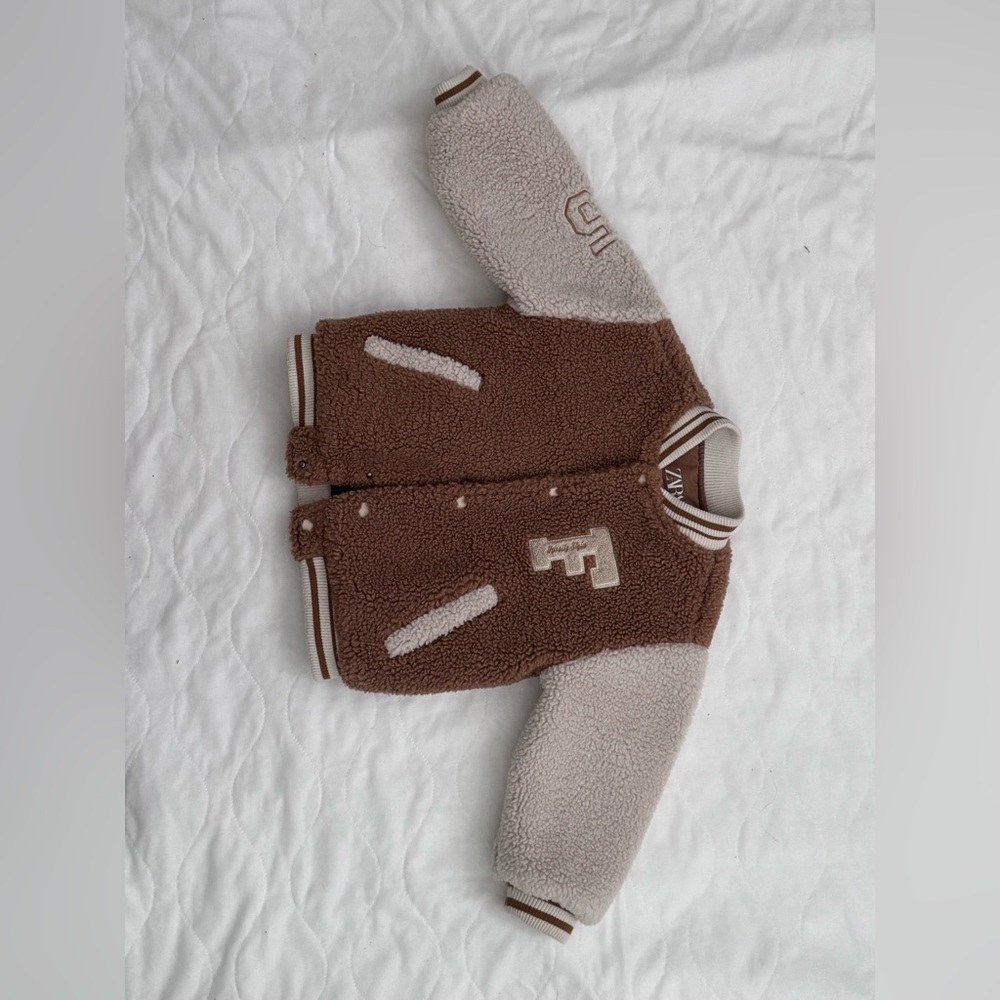 Zara Baby Sherpa Varsity Jacket Brown Cream Letterman 18–24M